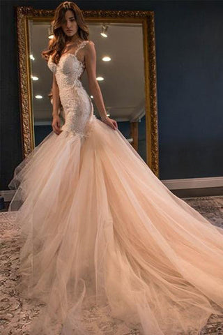 Lace Backless Mermaid Wedding Dresses 2017 Tulle Cheap Wedding Gowns