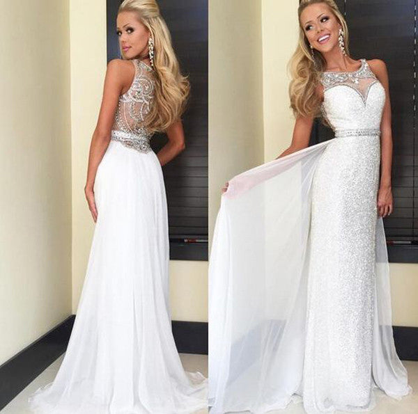 White Chiffon Sequins Prom Dresses Long,Back Crystal Beaded Prom Gowns ...