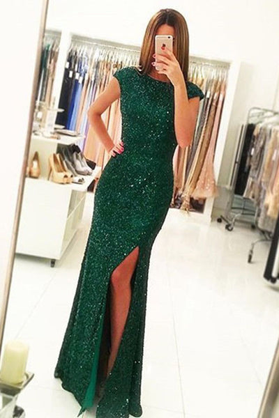 Green Open Back Prom Dresses,Cap Sleeves Split-Front Gown with Sequins ...