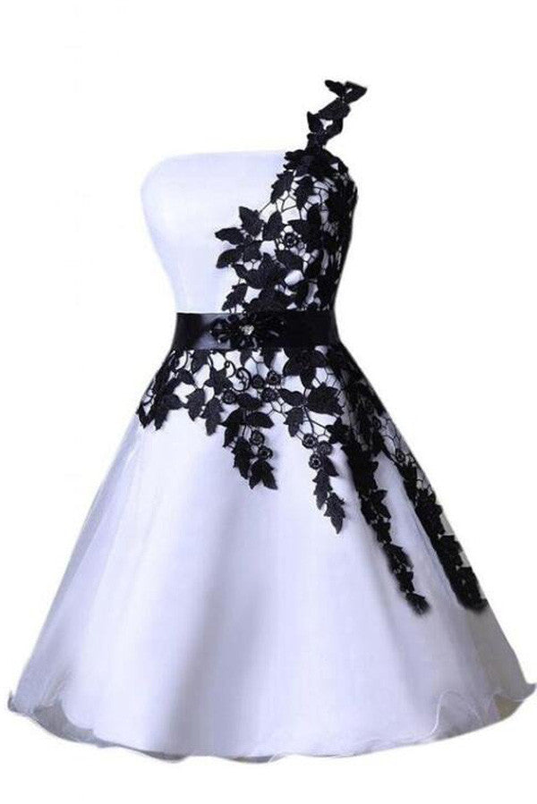 Black Lace One Shoulder Homecoming Dresses,Cute Short Prom Dresses ...