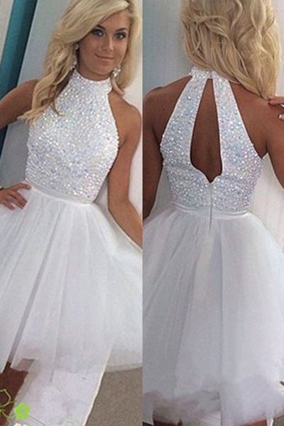 Halter White Sexy Open Back Homecoming Prom Dresses, Short Prom Dress ...