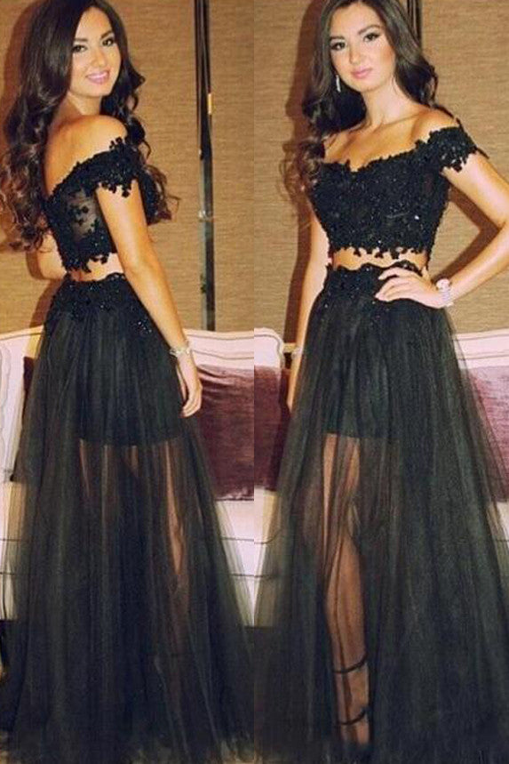 black lace two piece prom dress