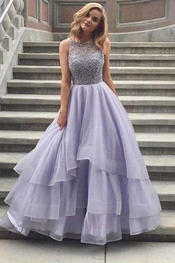 Tulle Lace Lavender Round Neck A-Line Long Prom Dresses,Party Dresses ...