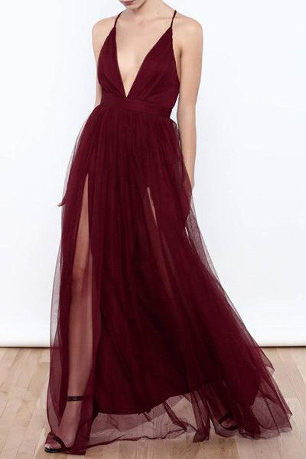 Sexy Burgundy Tulle Deep V Neck High Slit Prom Dressesevening Dress