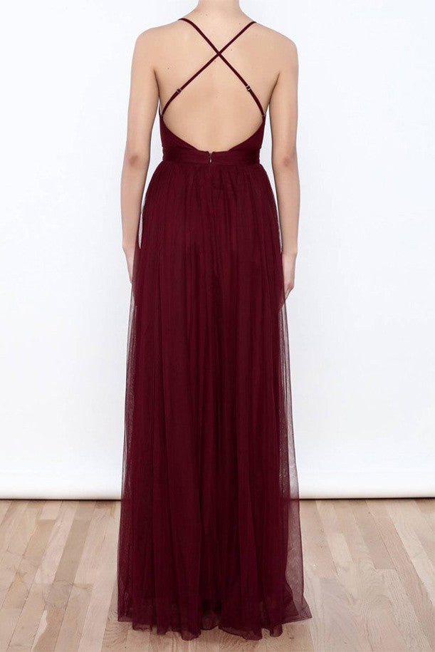 Sexy Burgundy Tulle Deep V Neck High Slit Prom Dressesevening Dress Simidress 4543