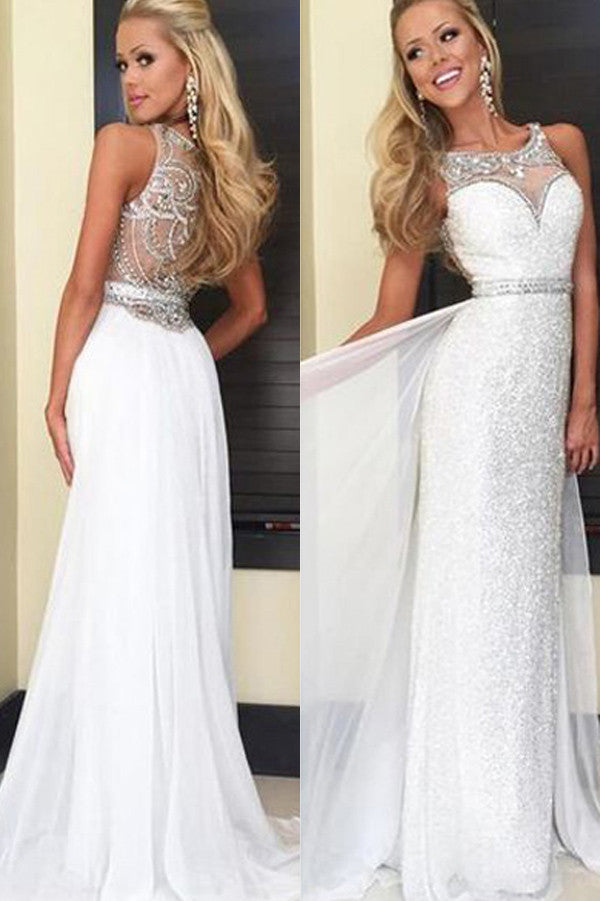 White Chiffon Sequins Prom Dresses Longback Crystal Beaded Prom Gowns Simidress 