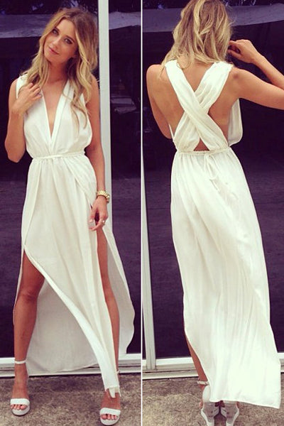 White Prom Dresses,V Neck Sleeveless Chiffon Prom Gowns,Evening Gowns ...