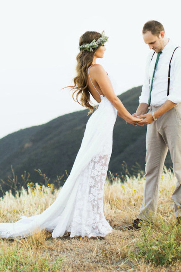 White Lace Side Slit Simple Spaghetti Wedding Dress,Beach Wedding Gown