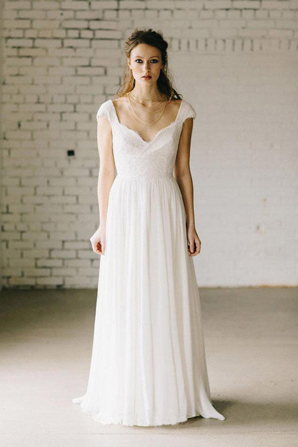 Ivory Lace A-Line Wedding Dresses, Cap Sleeve Chiffon Bridal Gowns ...