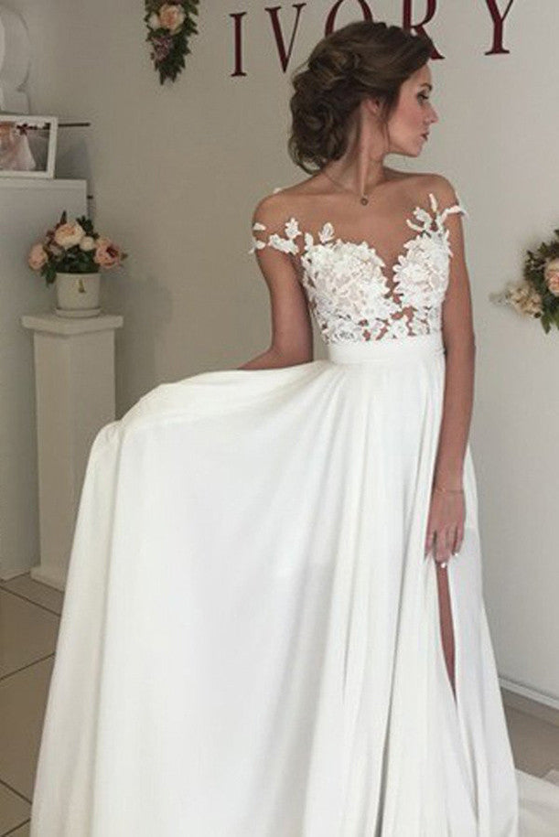 V-neck Cap Sleeves Wedding Dresses with Sweep Train and Appliques ...