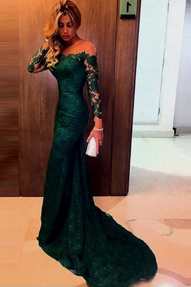 Dark Green Long Sleeves Prom Dress,Lace Mermaid Prom Dress,Prom Dress