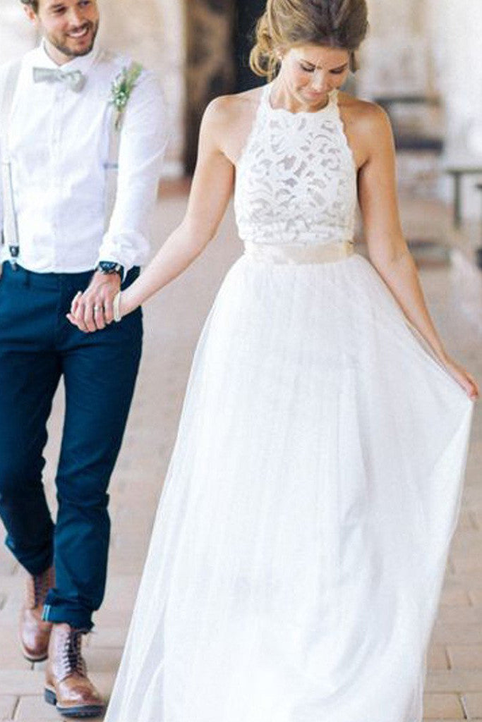 White Lace Long Sheath High Neck Simple Design Wedding Party Dresses Simidress