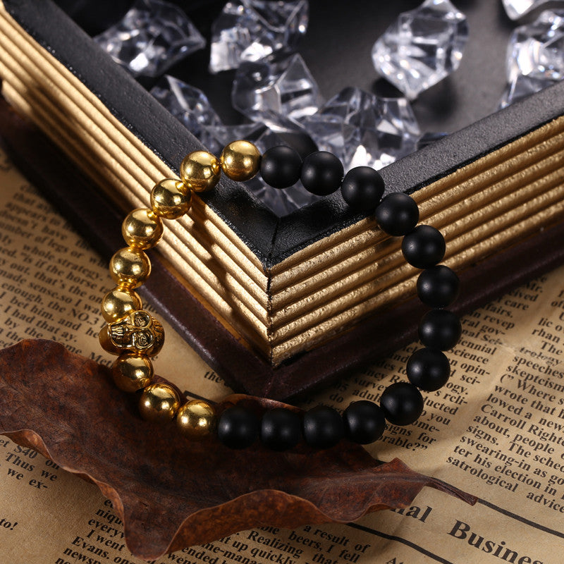 Mens Gold Skull Head Buddha Beaded Rock Elastic Bracelet Bangle Unisex Beacelet Bangles  SN9