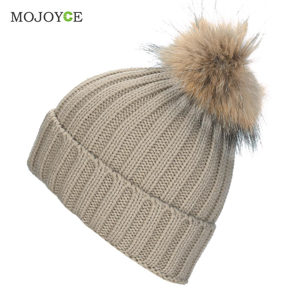 Fashion Raccoon Fur Hat  Fur Pompom Caps Hat Knitted Hats Ski Cap Beanie Gorro Hat SN9