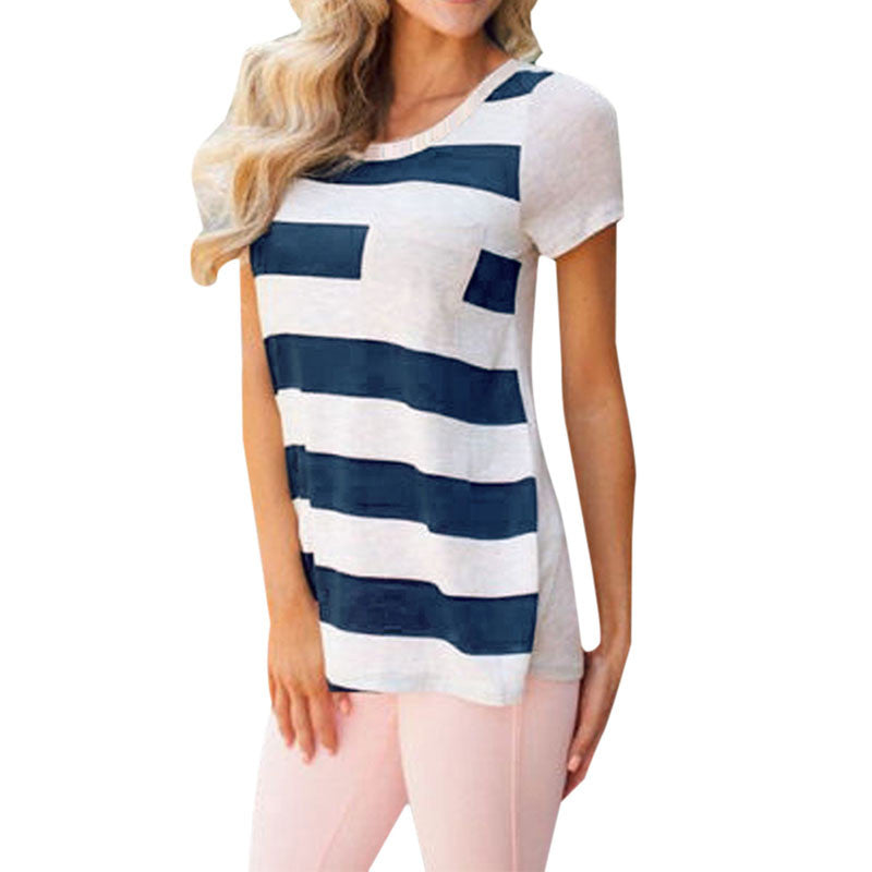 Casual Womens Striped Pocket T-Shirt Fashion Round-Neck Short Sl