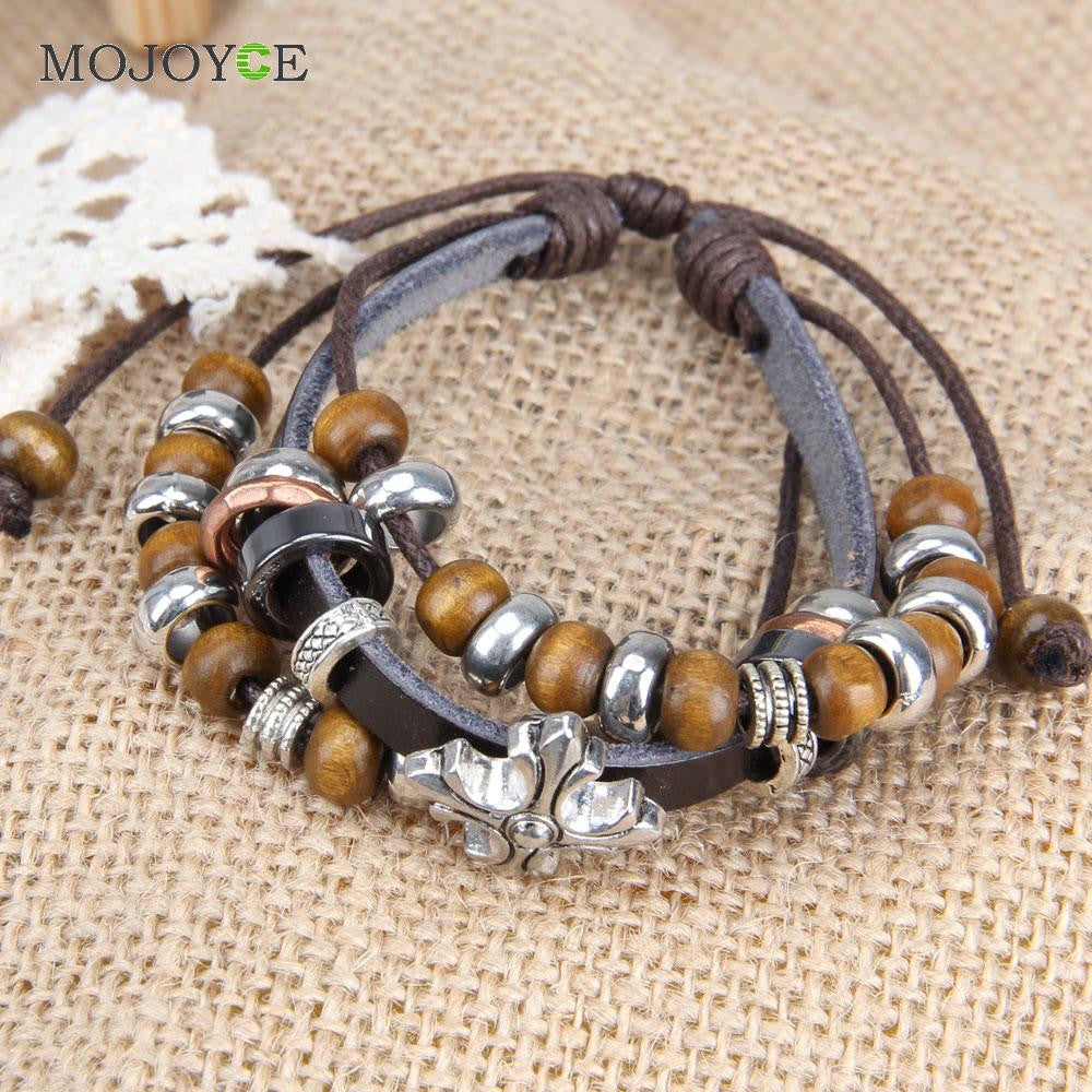 Fashion Bronze Cross Beads Multilayer Braid Bracelet Unisex String Bangle  SN9