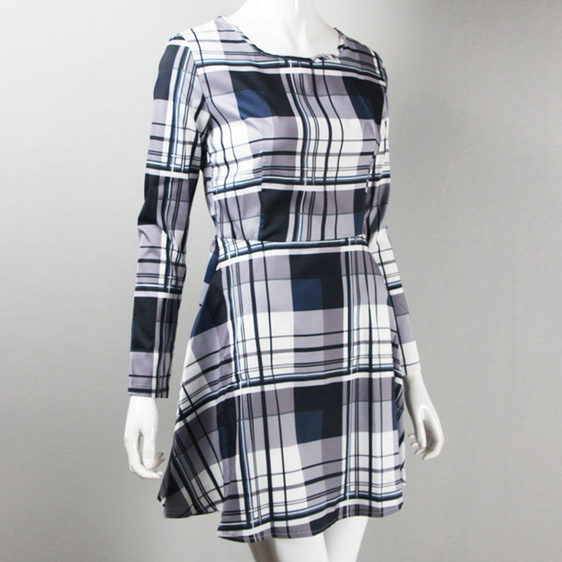 Plaid Women Dress Vestidos Vestido De Renda Plaid Long Sleeve Waisted Dress PU Belt Vestido De Festa