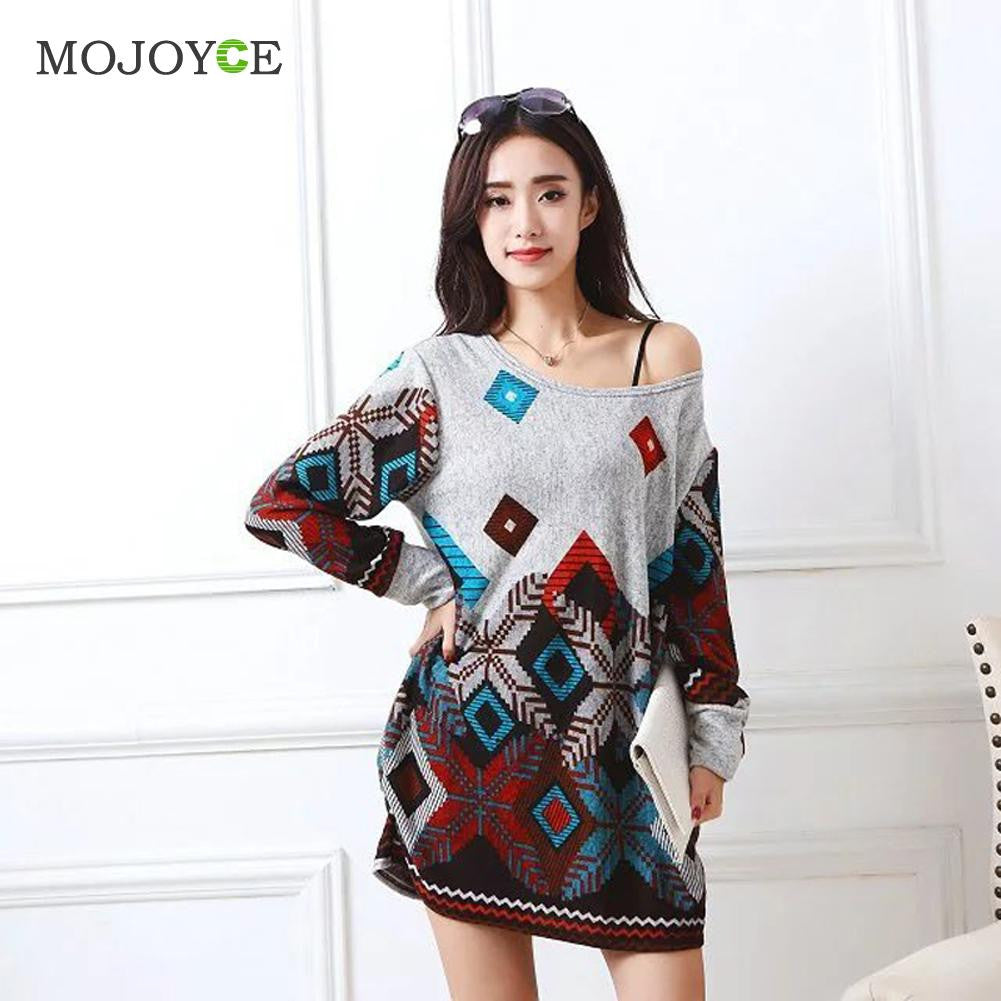 Loose Knitted Cotton Long Tee Shirt Women New Colorful Print Blu