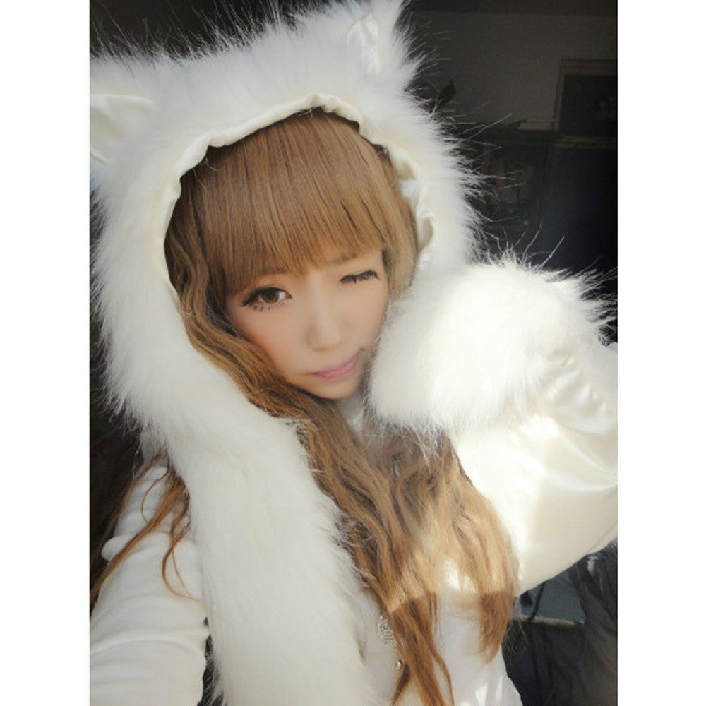 Fahsion Warm Animal Fur Hat Scarf Fluffy Plush Cap Ear Hood Shawl Glove Unisex  SN9