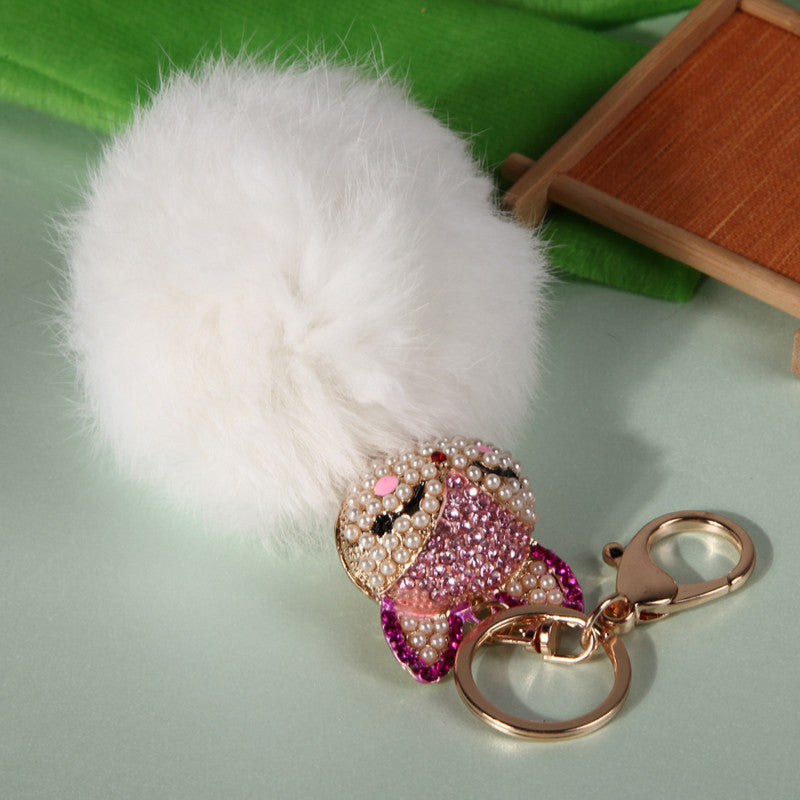 New Fox Fur Pearl Rhinestone Ball Top Car Key Ring Bag Charm Key Chains Christamas Gift for Girl  SN