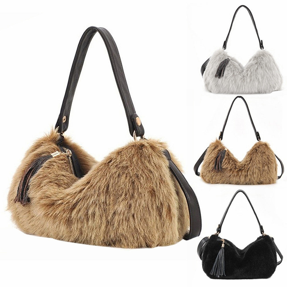 New PU  Artificial Cony Wool Handbag Ladies Tassel Shoulder Bag Faux Fur Women Leather Handbag Plush