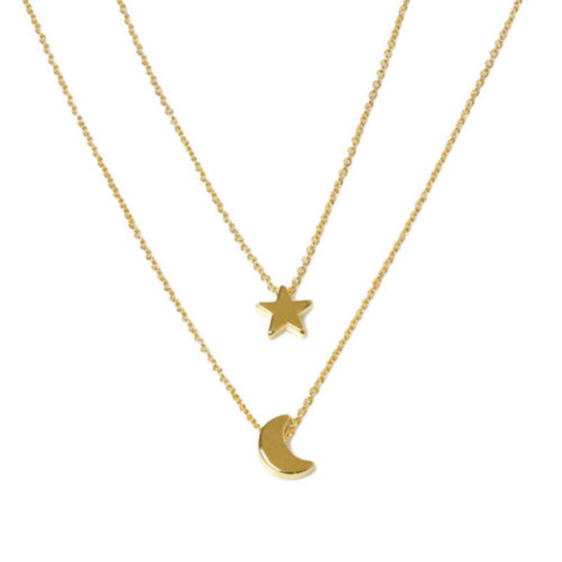 Two Layered Women Necklaces Chain Gold Silver Moon Star Pendent Women Statement Simple Moon Necklace