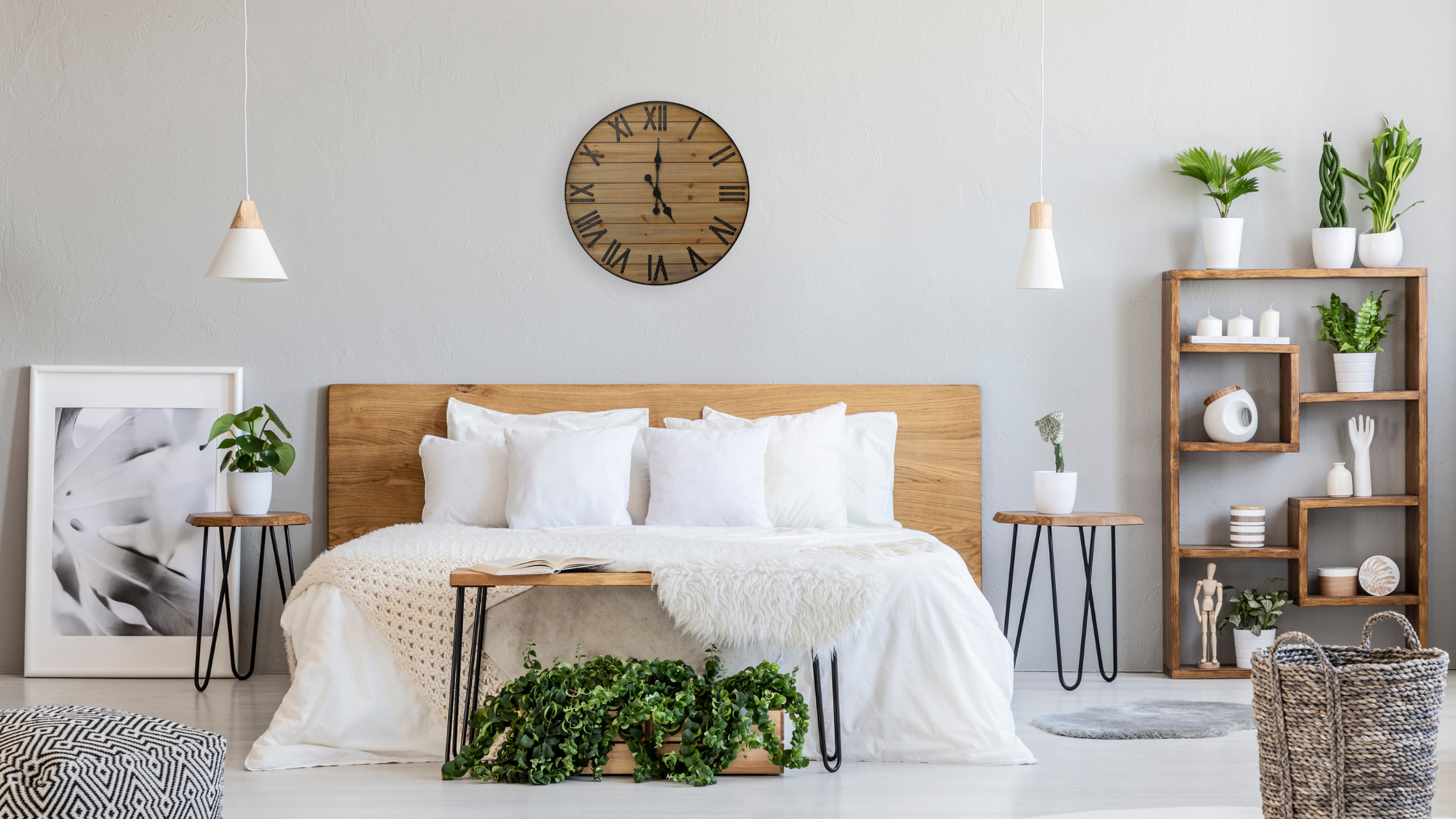 bedroom, wall clock, accent furniture, plants