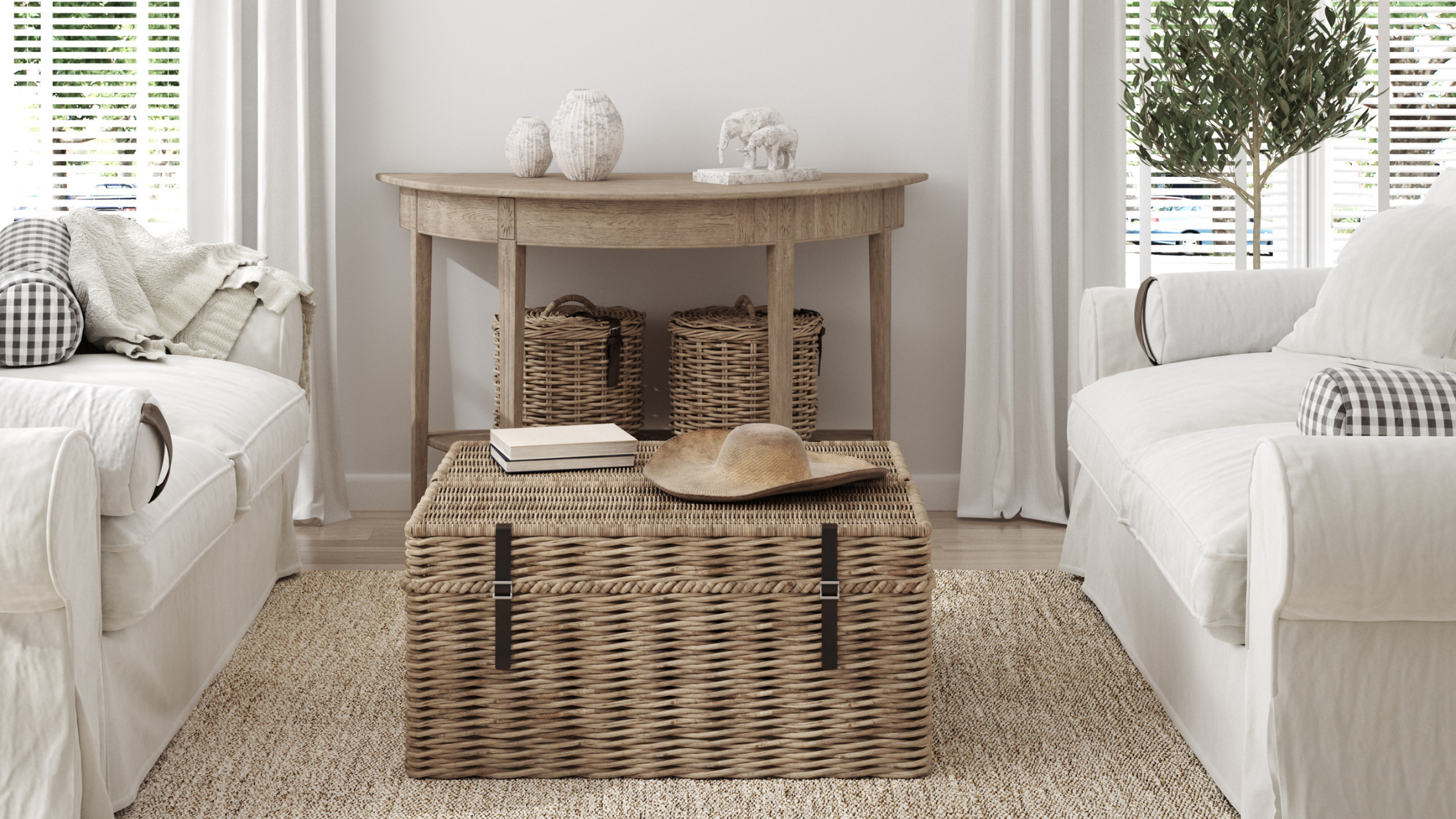 farmhouse cottage coffee table console table wicker chest