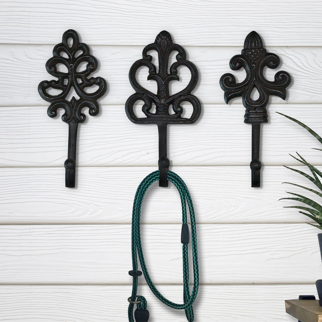 Wallcharmers Set of 3 Rustic Decorative Wall Hooks 8” | Victorian Shabby  Chic Fleur De Lis Antique Towel Hooks for Hanging | Gothic Cast Iron