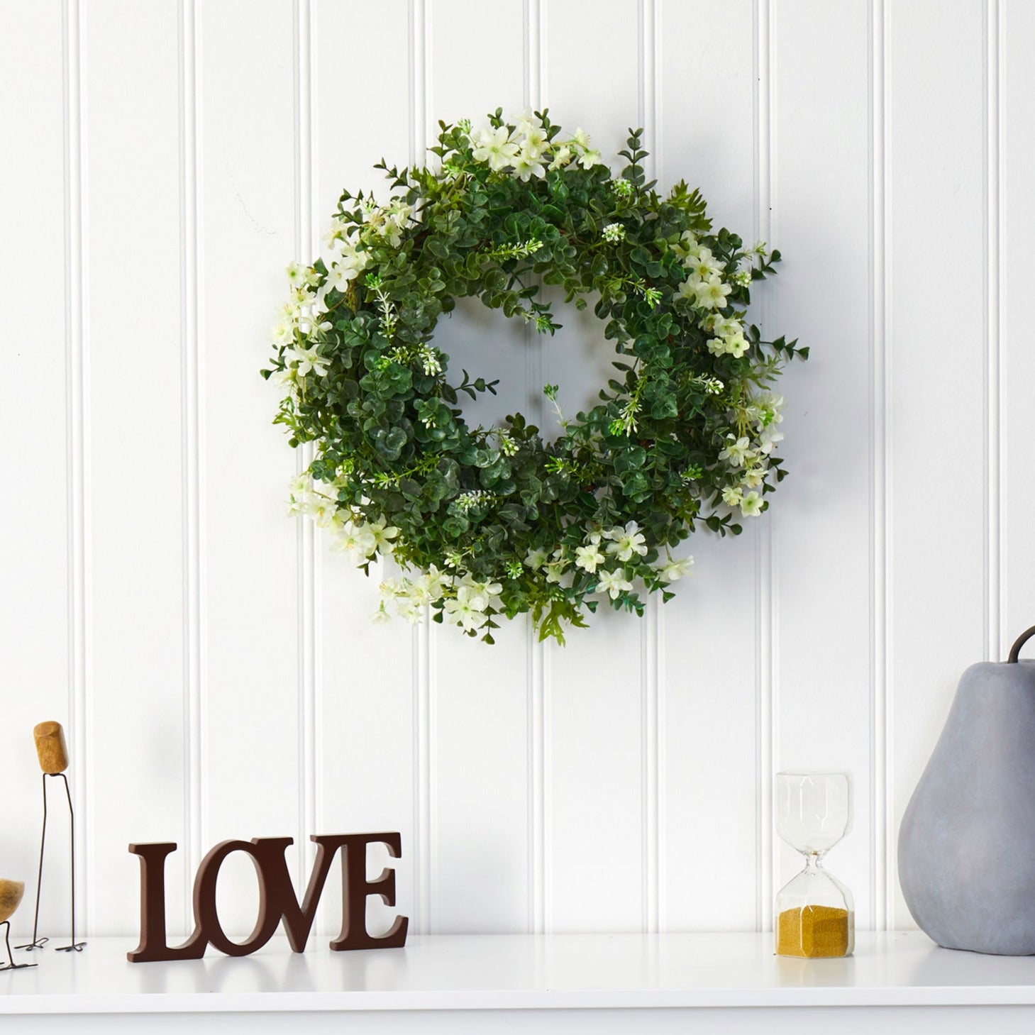 Eucalyptus and Daisy Double Ring Artificial Wreath with Twig Base, 18鈥