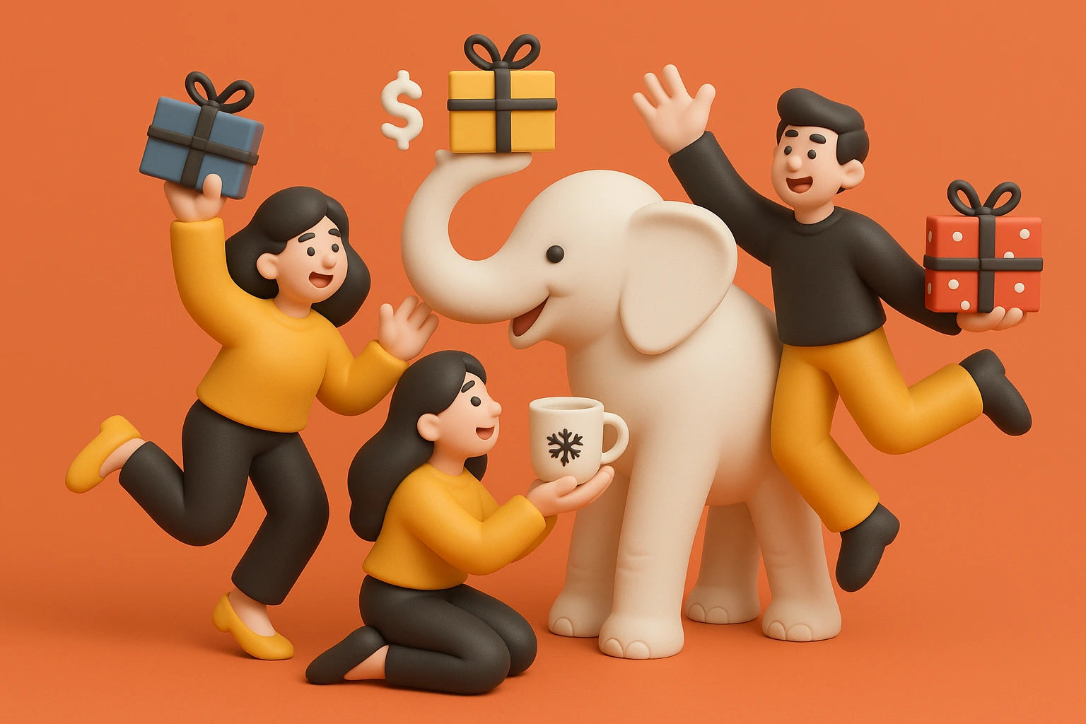 A playful 3D illustration shows a white elephant at the center of a cheerful gift exchange.