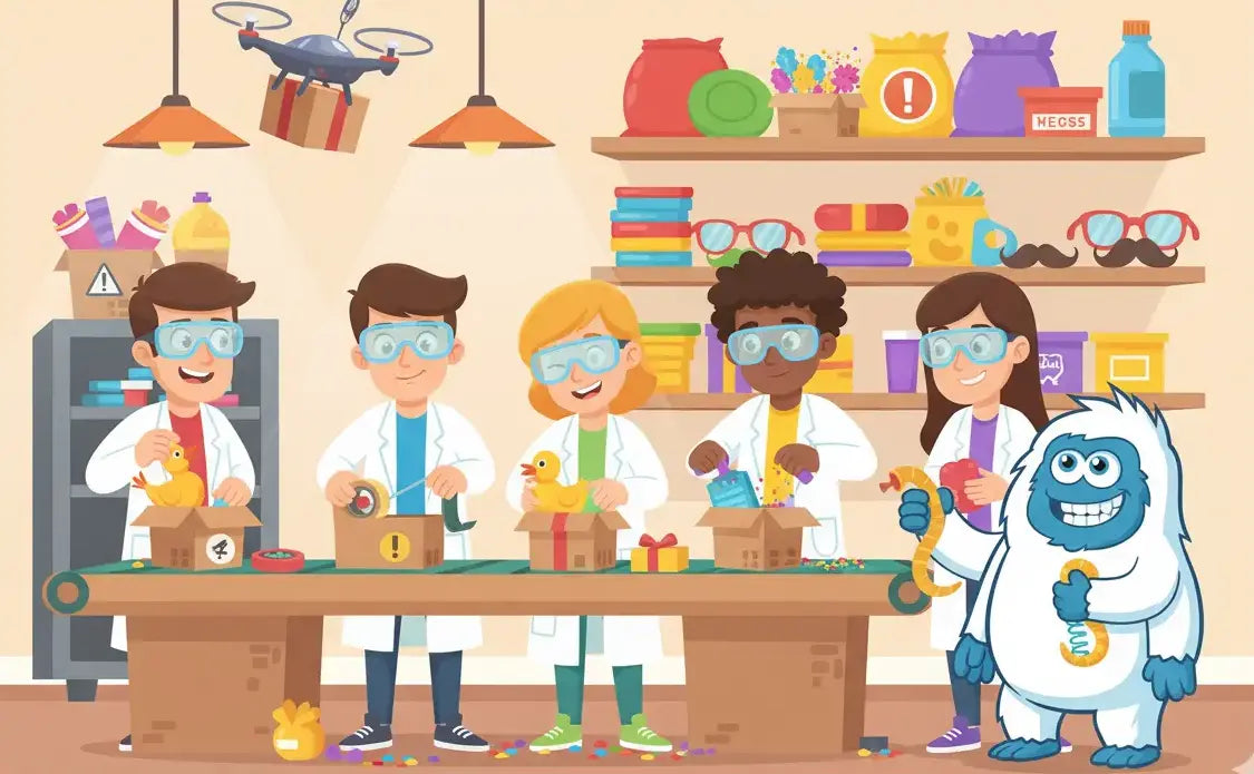 Cartoon characters packaging prank mails and gag gifts with a yeti character.