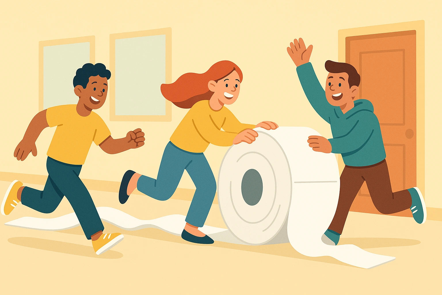 A cheerful flat-style digital illustration showing three high school seniors in the middle of a fun and harmless prank.