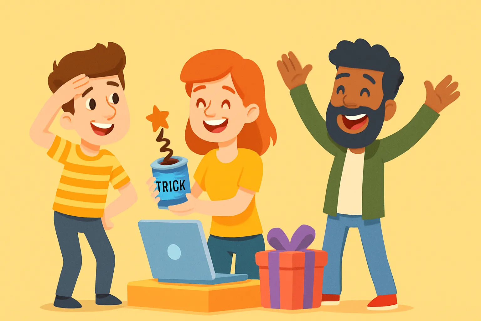 This vibrant illustration captures a playful prank moment between three cartoon-style characters.