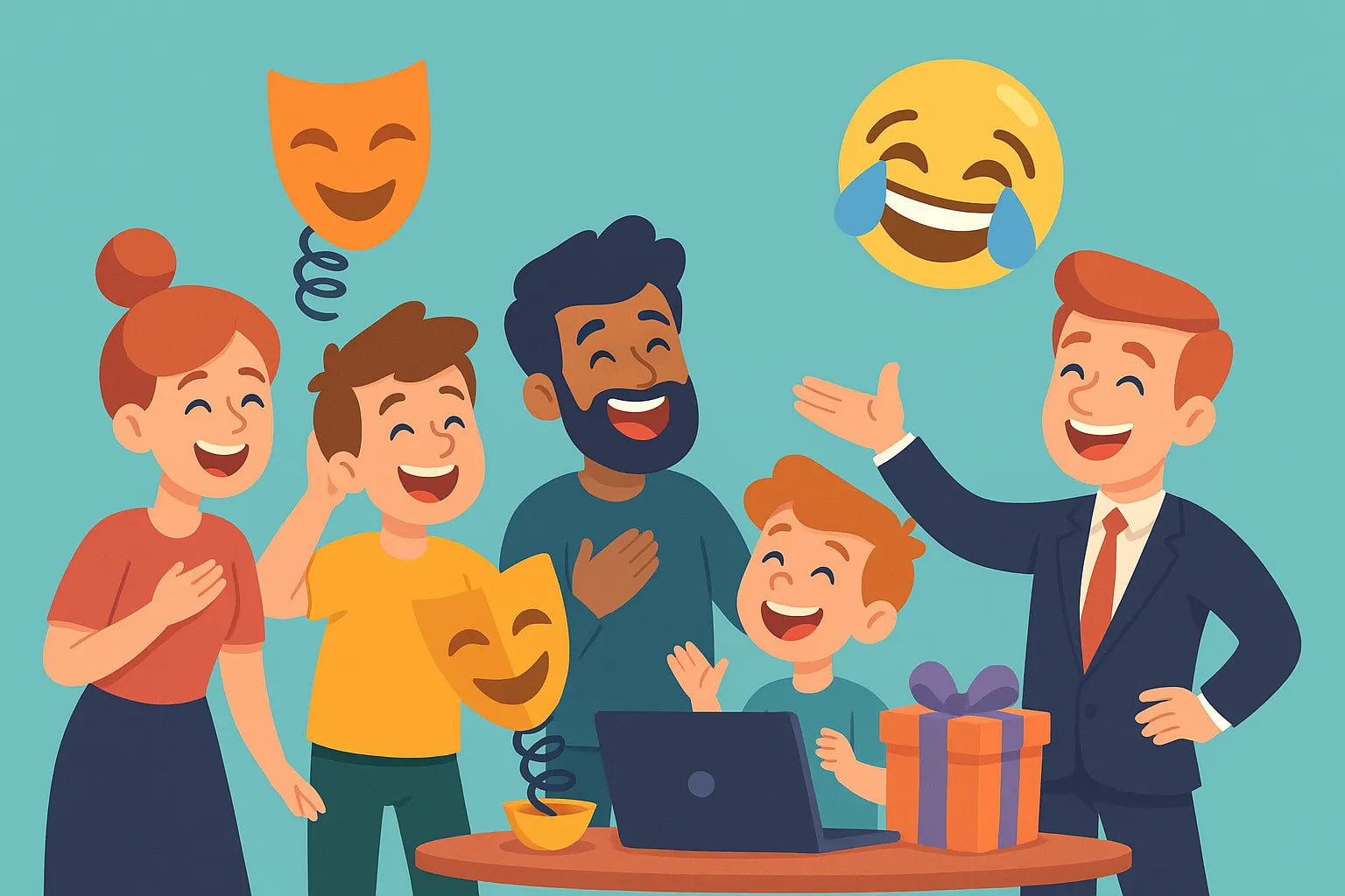 This lively illustration features a diverse group of cartoon-style characters bursting into laughter while gathered around a laptop. A man in a suit gestures enthusiastically, likely sharing a witty joke, as a boy, a bearded man, a woman with a bun, and a boy in a yellow shirt laugh along. Floating above are a comedy mask and a big laughing emoji, symbolizing humor.