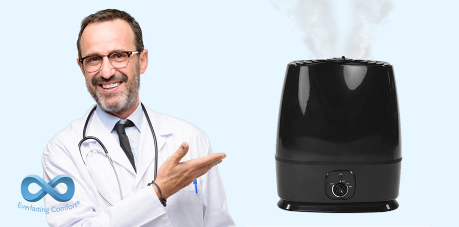 doctor with glasses points to a humidifier