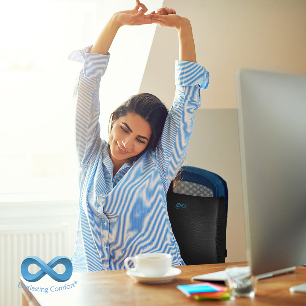 girl stretches at work