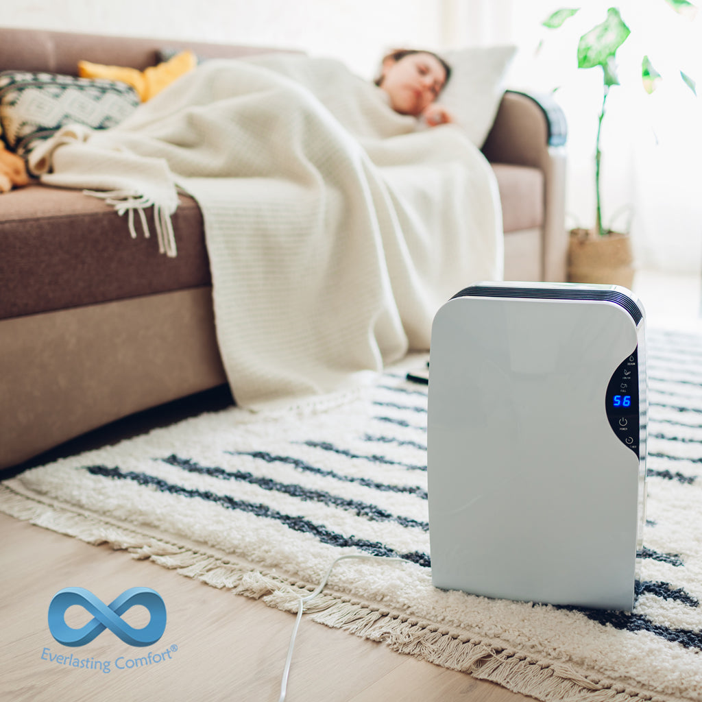 dehumidifier stands in the room, the woman in the background is sleeping