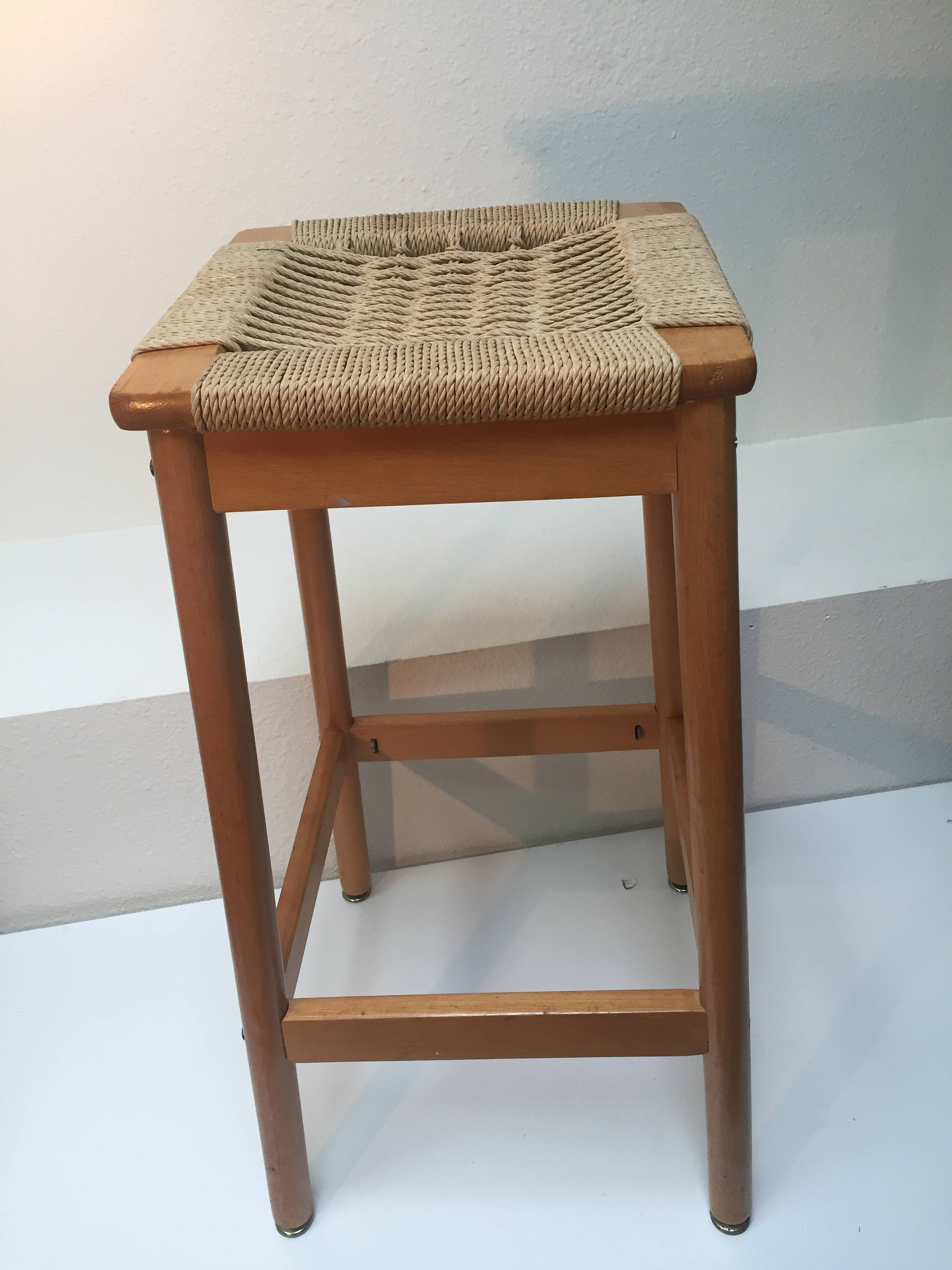 Danish cord stool made with quilted maple legs and cherry stretchers/seat  rails : r/woodworking