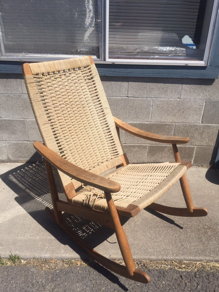 Vintage Danish Modern Teak chair with woven rope seat Mid Century