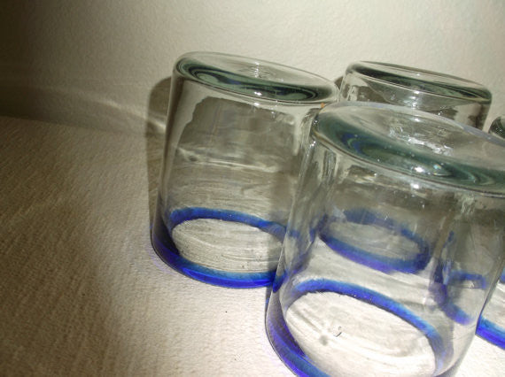 Set Of 4 Vintage Hand Blown Drinking Glasses With Cobalt Blue Rim With Vintage Modern Revival 