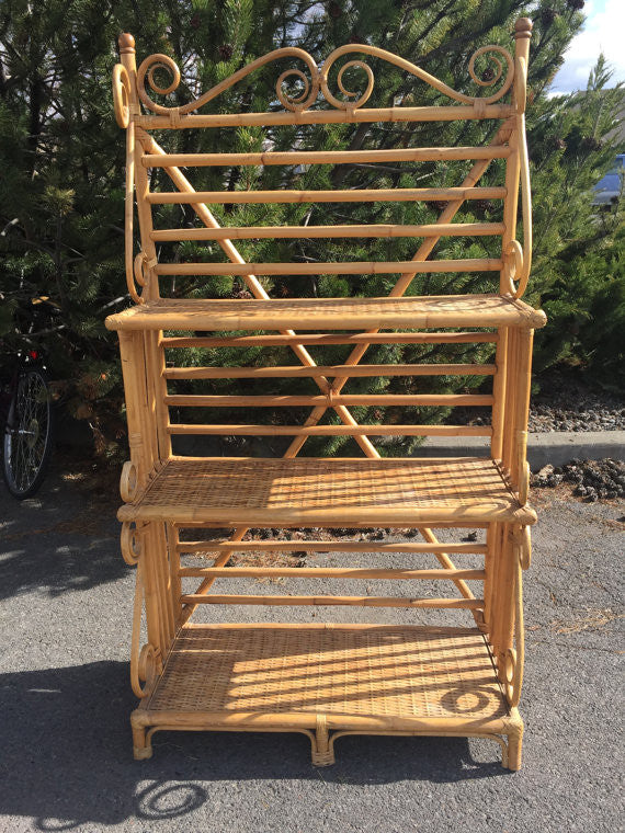 Vintage 3 Tier Bent Canerattan Bakers Rack Plant Stand Etagere