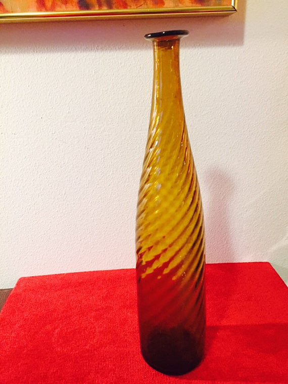 Vintage Hand Blown Murano Italian Empoli Over sized Italian Amber Tall  Vase- 1960s or 70s Mod Ribbed