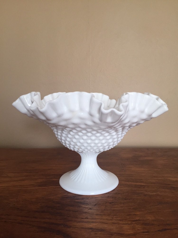 Vintage Fenton Milk Glass Footed Hobnail Ruffled Crimped Trinket Candy Dish  compote Bowl Hobnail wedding gift