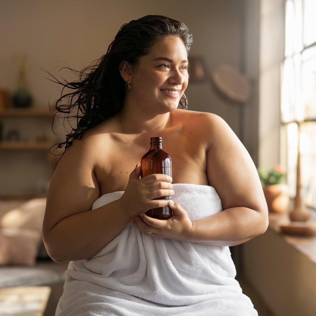 woman standing in shower with towel