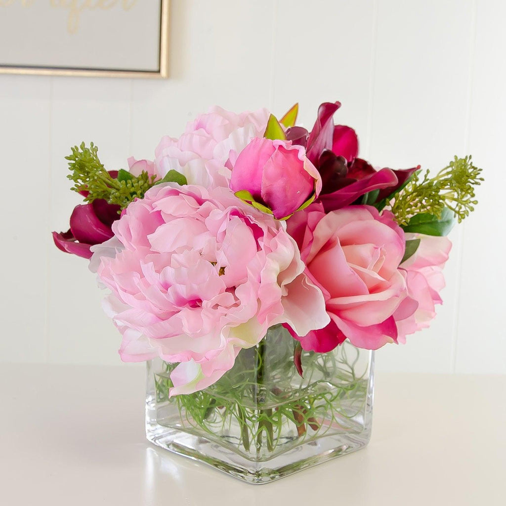 Real Touch Pink Roses Red Orchid Silk Peonies Arrangement – Flovery