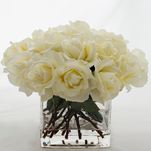 White Real Touch Rose Square Glass Arrangement  Flovery