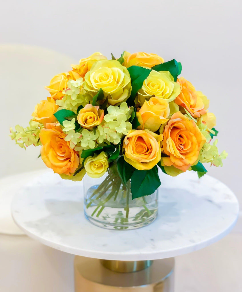 Julie Nielsen: Yellow Faux Flowers In Vase / Yellow Silk Tulips