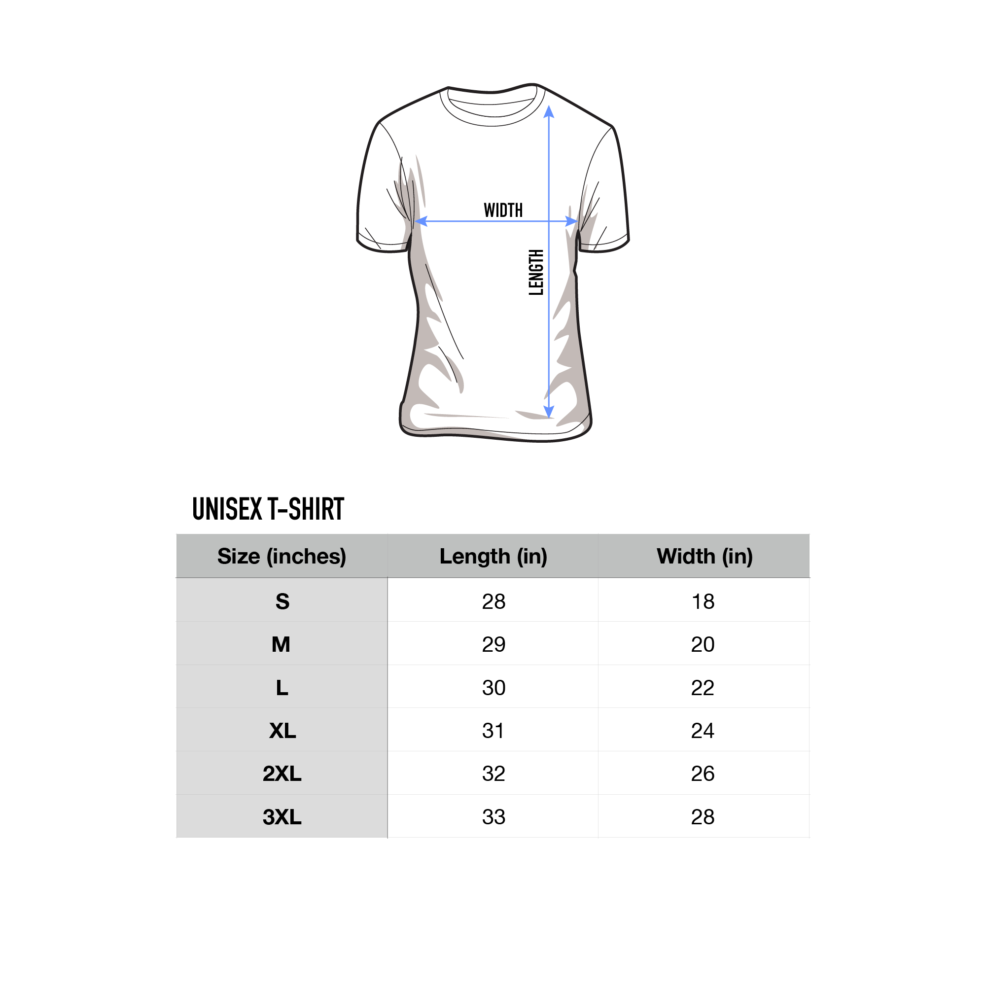 Unisex Vaporwave t shirt size chart table