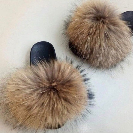 Raccoon Fur Slides Slippers - Natural 